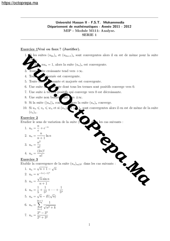 Analyse 1: Série 1 (8 Exercices - Les Suites Réelles) MIP PDF - OctoPrepa (1)