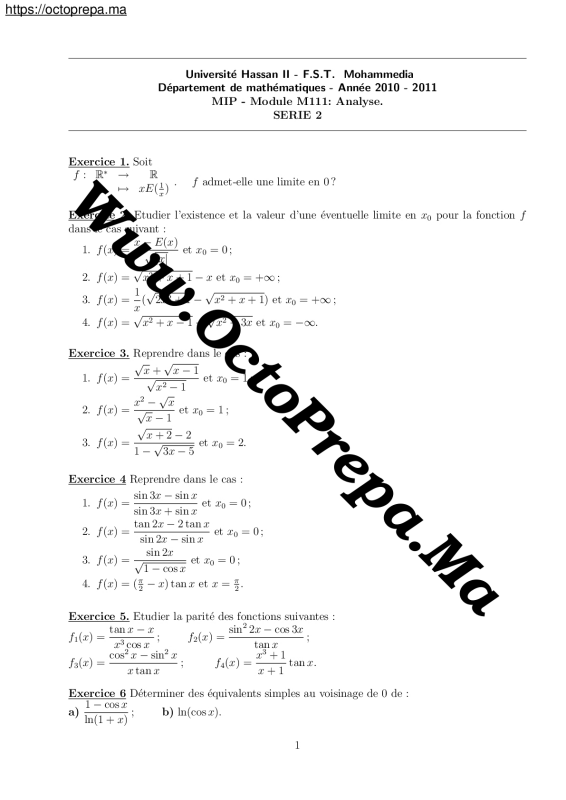 Analyse 1: Série 2 (16 Exercices - Les Fonction D'un Variable Réelles & Les Fonction Usuelles) MIP PDF - OctoPrepa (1)