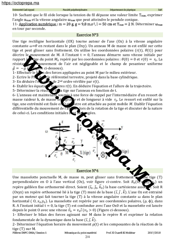 Série N°3: Mécanique Du Point Matériel SMPC SMIA S1 (Dynamique Et Aspects Energétiques) - OctoPrepa (2)