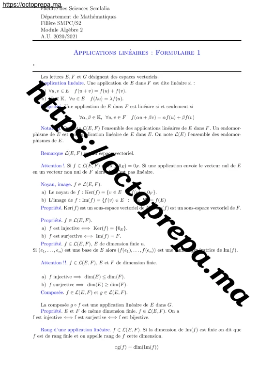 Résumé D'algébre 2 SMPC / S2 / PDF / 2021 - OctoPrepa (1)