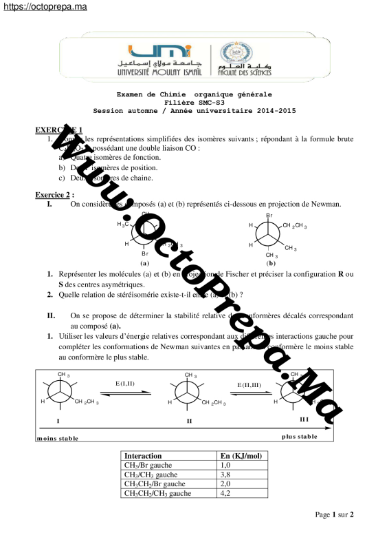 Chimie organique générale - Examens Corrigés (2014-2015) / SMC / S3 - octoprepa (1)